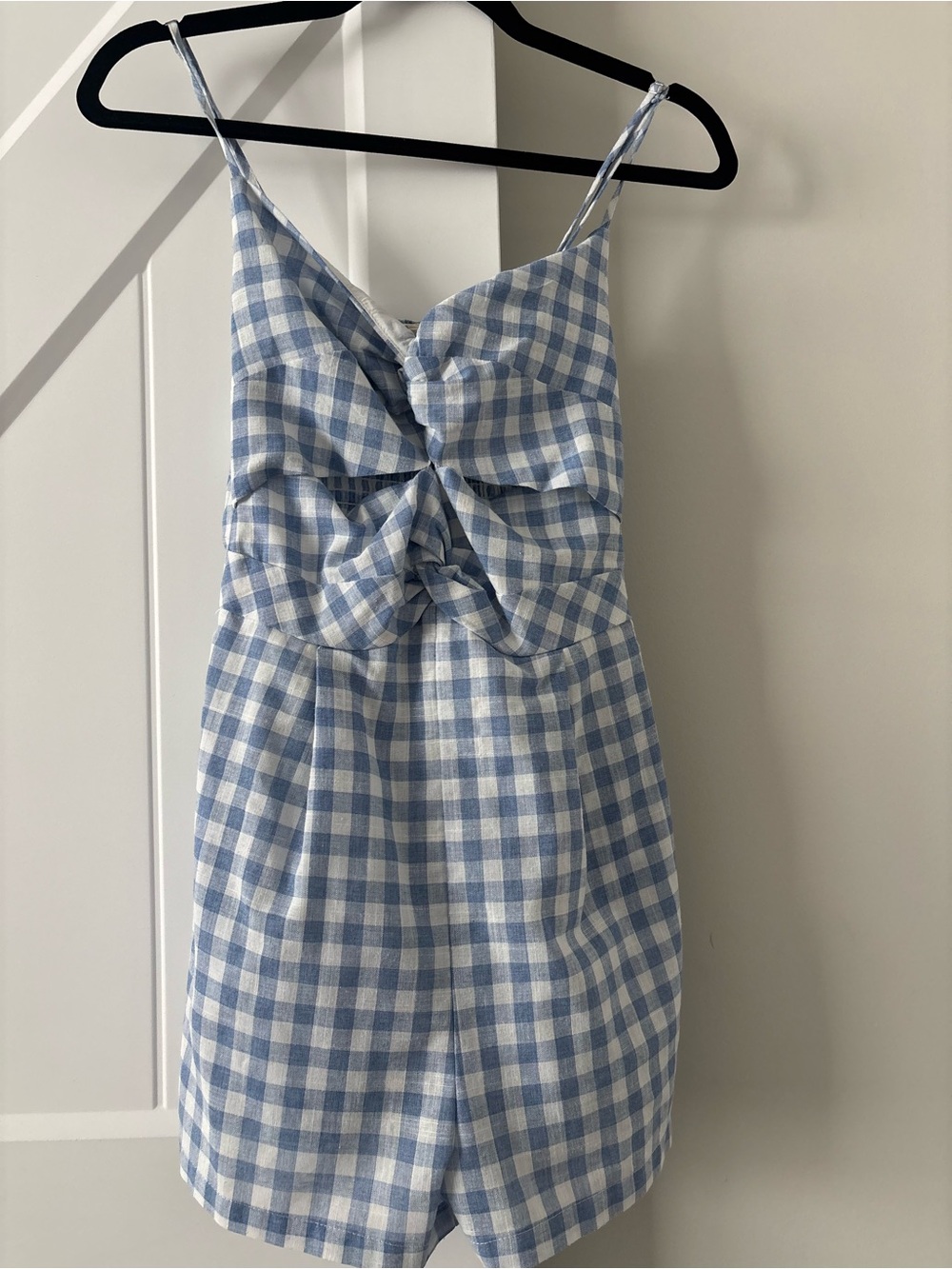 Blue and White Gingham Tie-Front Romper